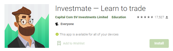 presentazione dell'app Investmate di Capital.com sul Play Store con numero di recensioni e valutazione media